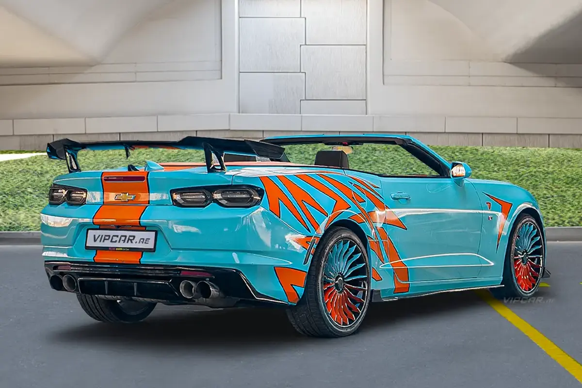 Chevrolet Camaro Sky Blue and Orange Modified Side View