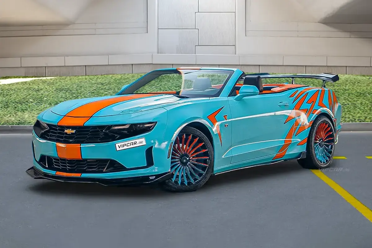 Chevrolet Camaro Sky Blue and Orange Modified Front Side View