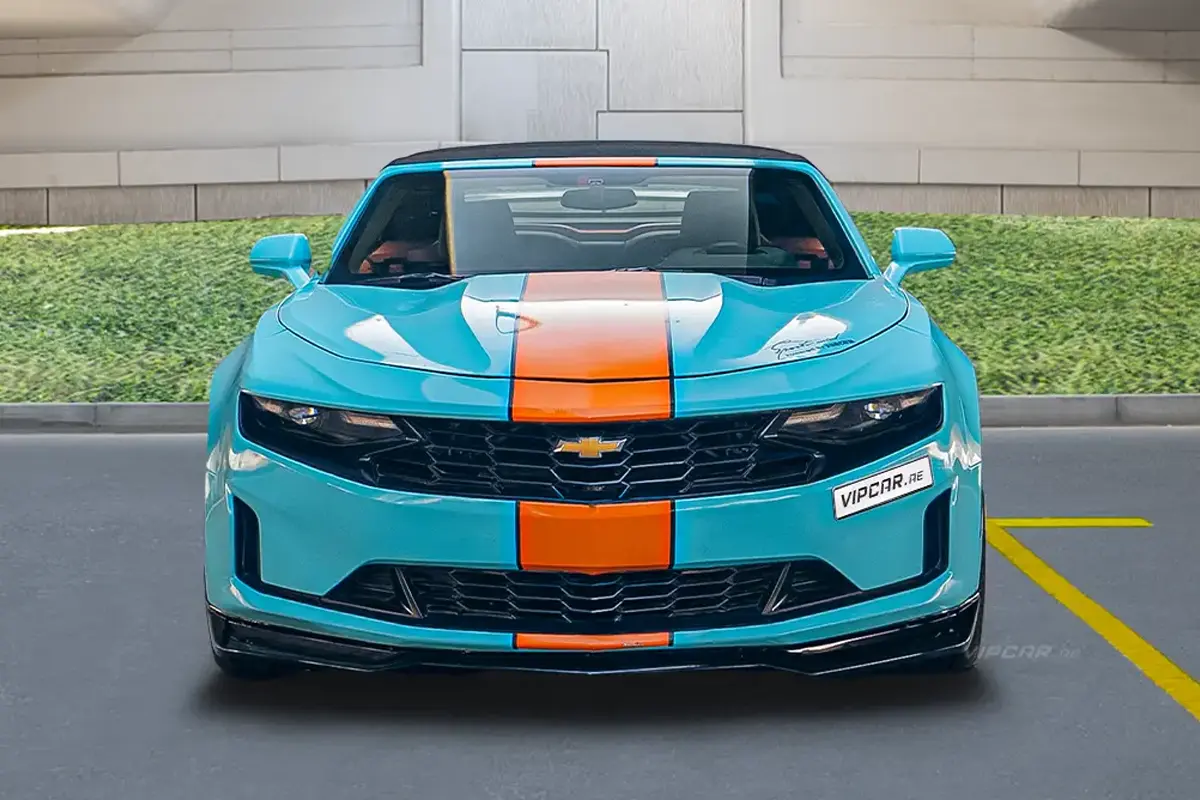 Chevrolet Camaro Sky Blue and Orange Modified Front View