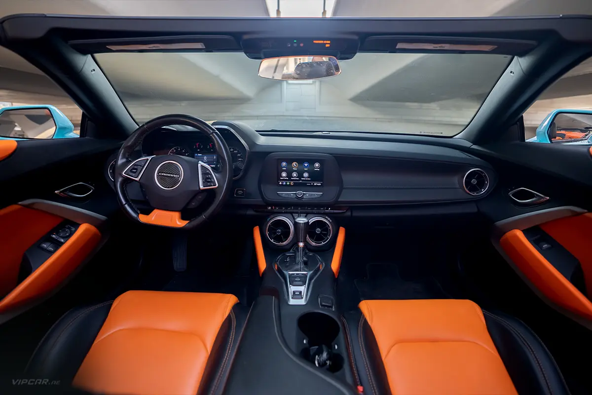 Chevrolet Camaro Sky Blue and Orange Modified Interior Front Seats