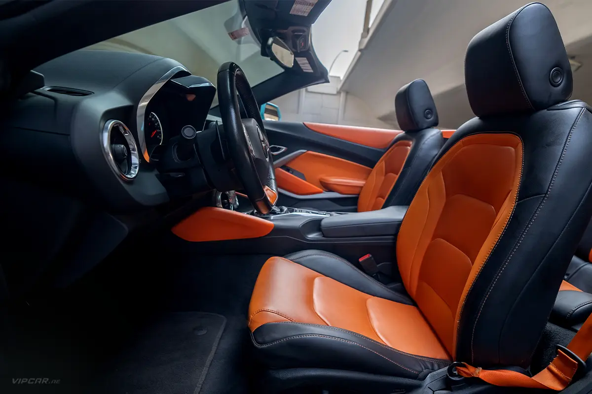 Chevrolet Camaro Sky Blue and Orange Modified Interior Front Seats