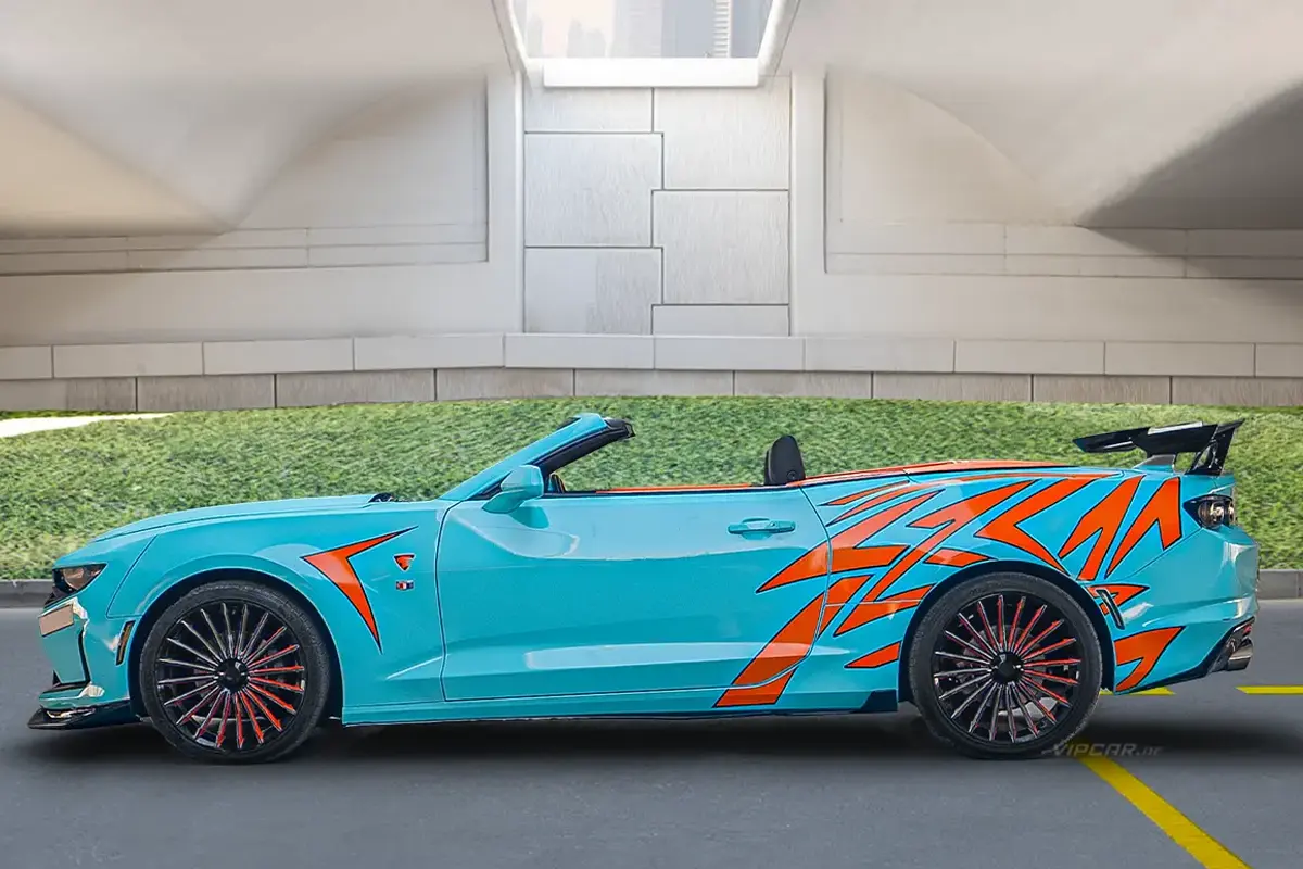 Chevrolet Camaro Sky Blue and Orange Modified Side View