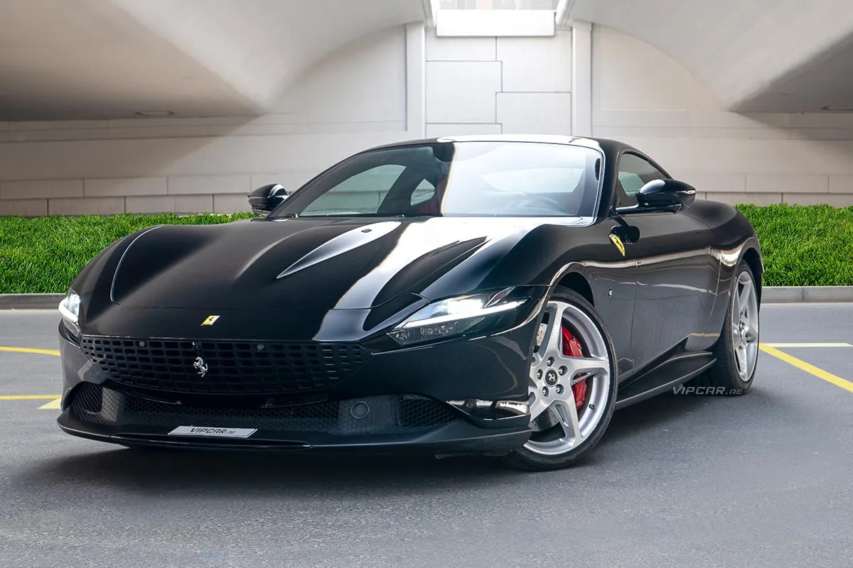 Ferrari Roma Black with the side view this car is available for rent in DUbai